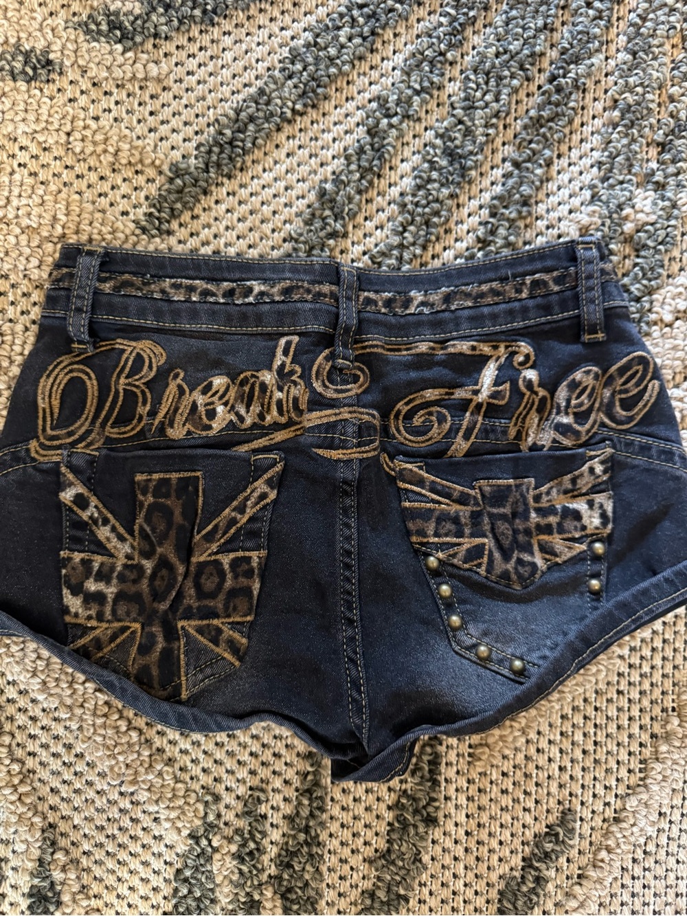 Break Free Embroidered Denim Shorts - Black with Leopard Accents